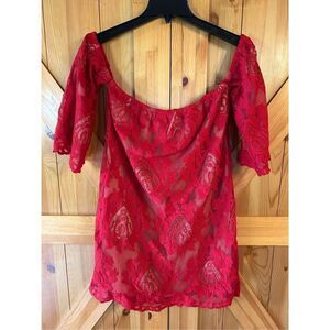 Storee Off The Shoulder Red Lace Shift Dress Womens Size Small (0066)